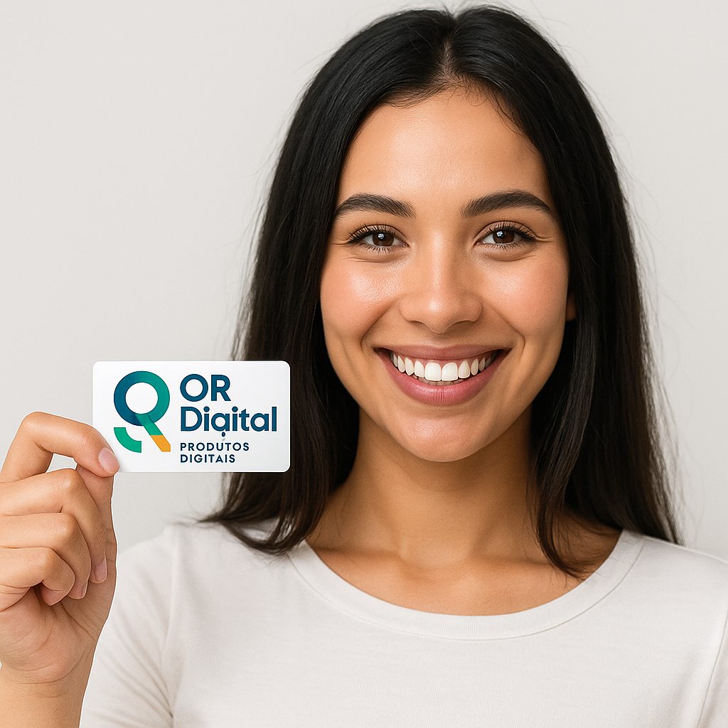 Modelo segurando cartão com logo da OrDigital